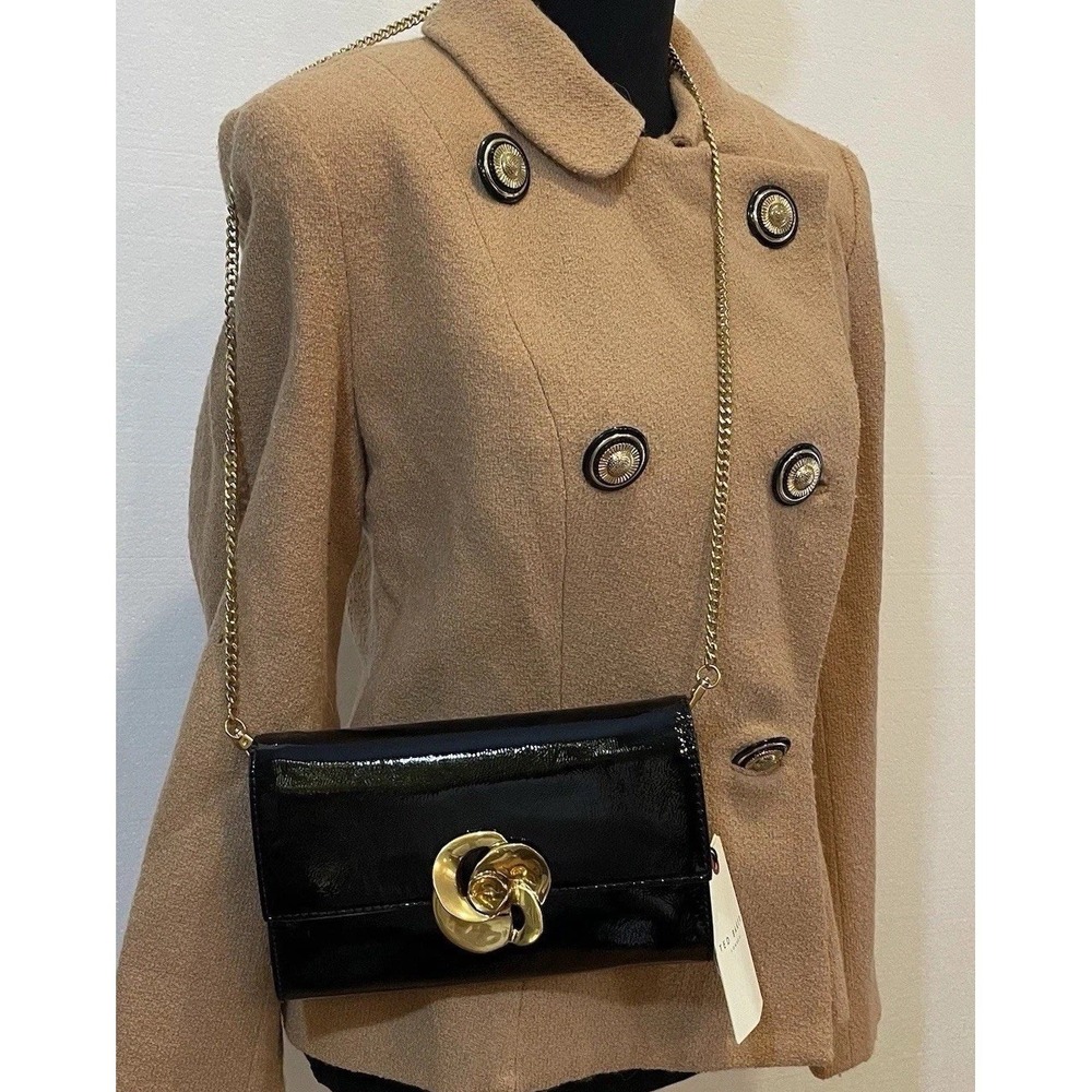 TED BAKER London Kira Rose Clutch Black Leather Shoulder Bag with Chain Stap NWT